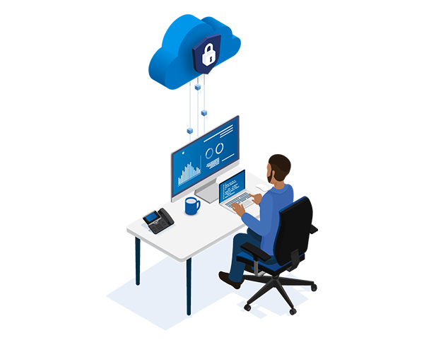 Un employé assis à un bureau utilisant la plateforme Meraki pour gérer le réseau de l’entreprise.