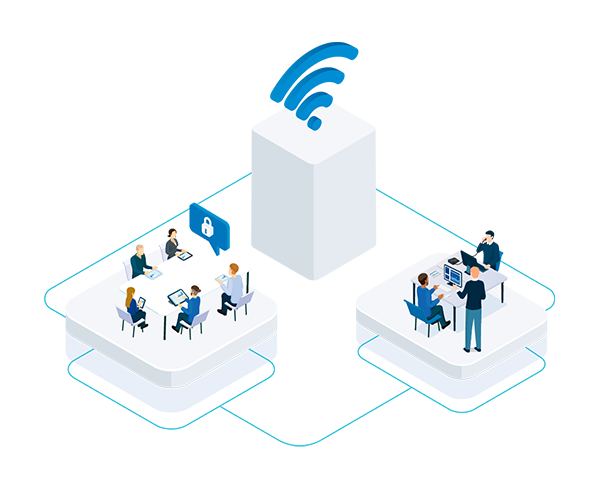 Des employés travaillant dans différents lieux de travail avec une connectivité réseau stable et de grande qualité.