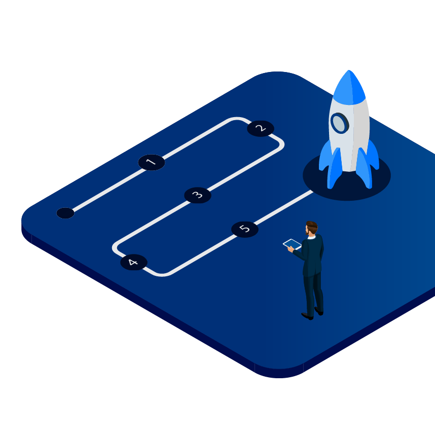 Un professionnel de l’IA consulte une feuille de route avec des étapes menant à une fusée, ce qui symbolise les conseils d’experts de Bell pour un lancement réussi.