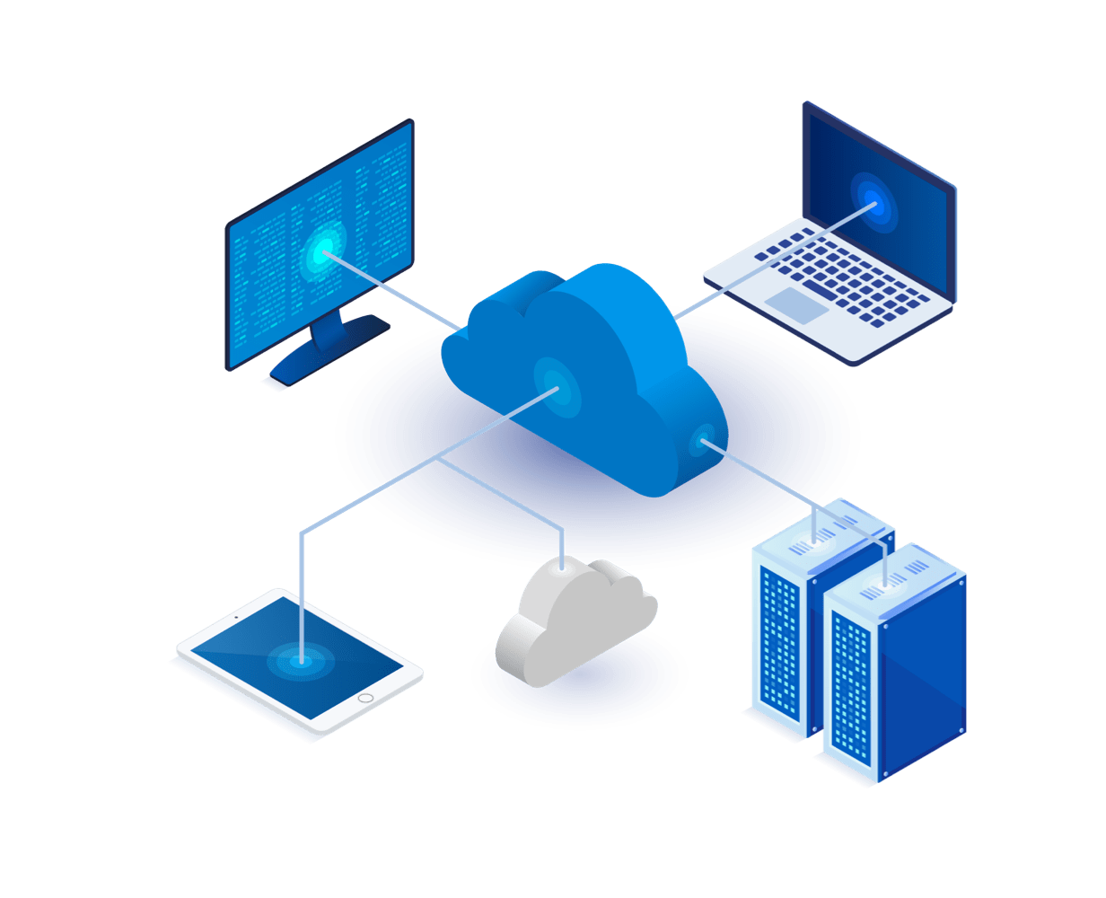 A cloud is connected to various devices and a server.