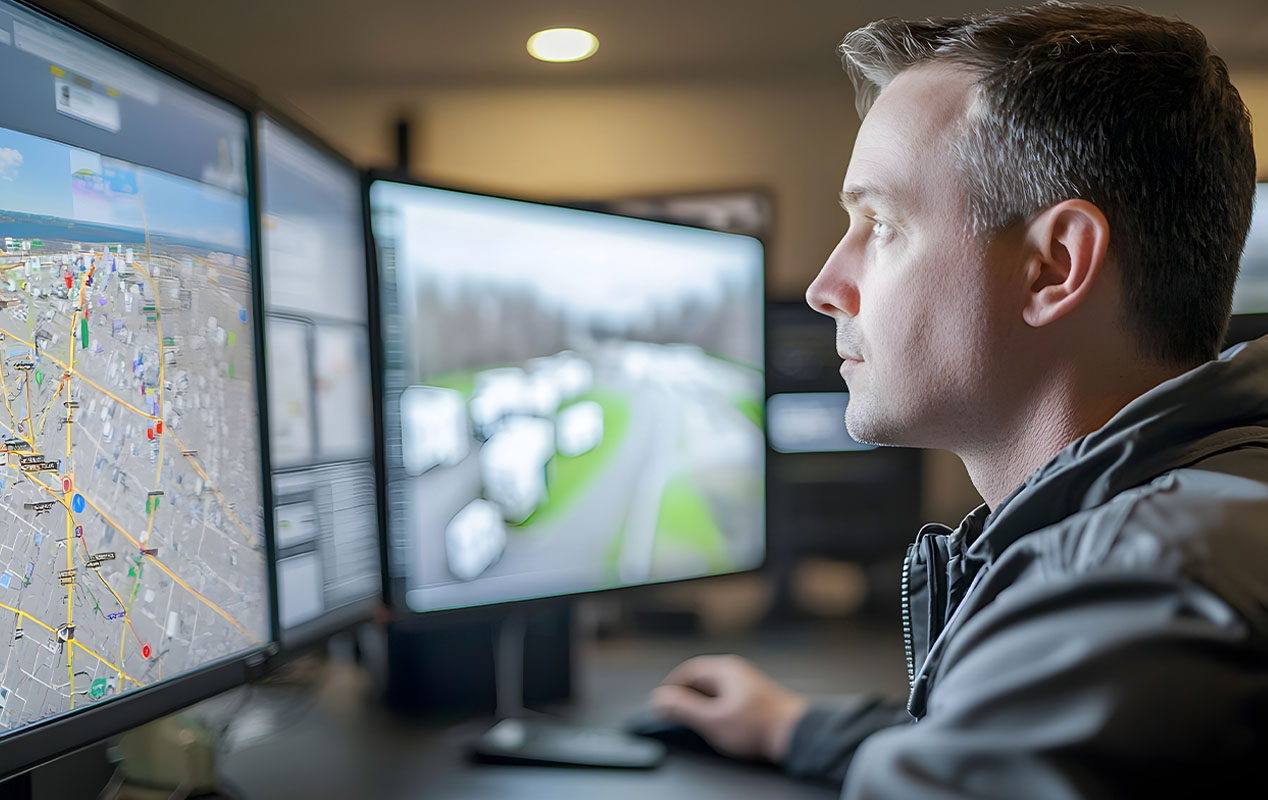 Un employé regarde trois écrans d’ordinateur pour optimiser un itinéraire grâce à des renseignements en temps réel sur son parc de véhicules intelligent et connecté grâce à l'IdO.