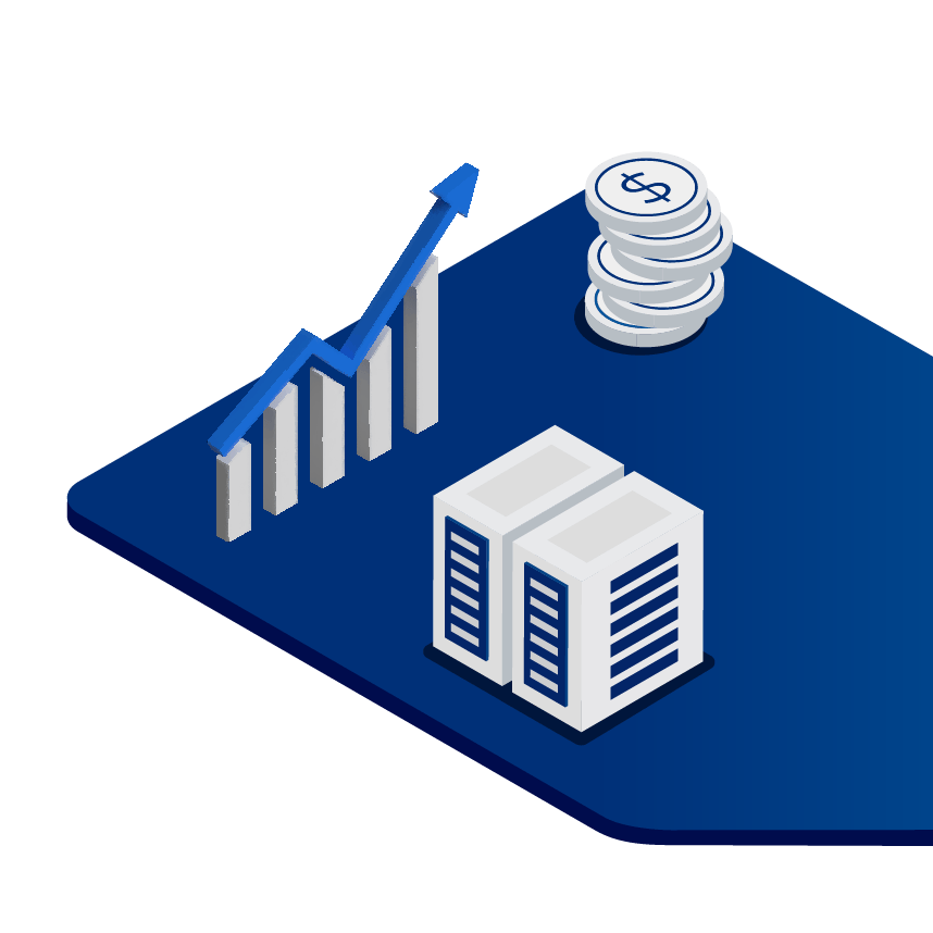 Des serveurs, un graphique à tendance ascendante et des pièces de monnaie symbolisent la performance et la rentabilité optimisées des solutions d’IA.