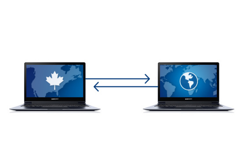 Deux ordinateurs portables sont connectés, l'un avec l'icône canadienne de la feuille d'érable et l'autre avec l'icône du globe.