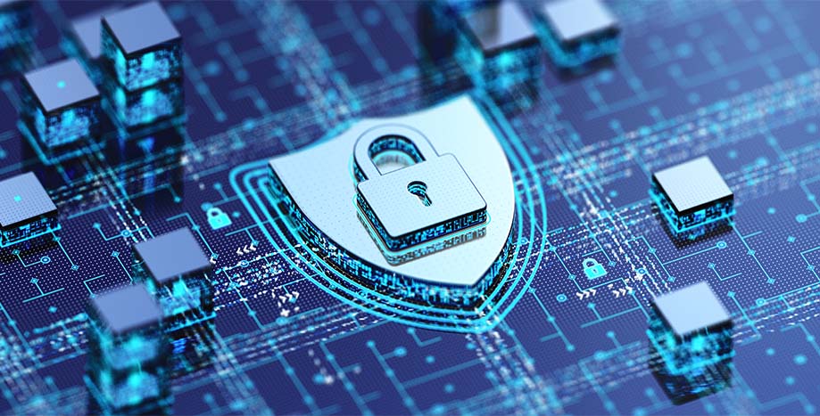 A stylized image of a circuit board with a lock and shield represents the security of protect your business systems with Bell DDoS solutions.