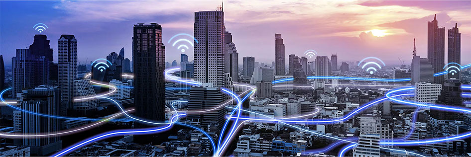 Paysage urbain montrant des connexions IdO utilisant les réseaux de Bell.