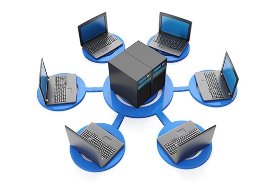 Multiple laptops connected to virtual local area networks